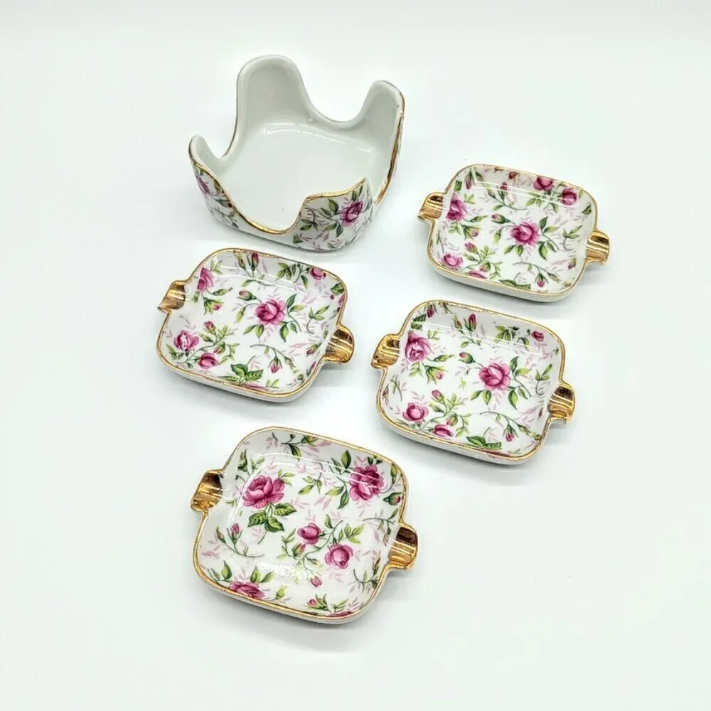 Vintage Lefton Rose Chintz Hand-Painted Floral Porcelain Nested Set